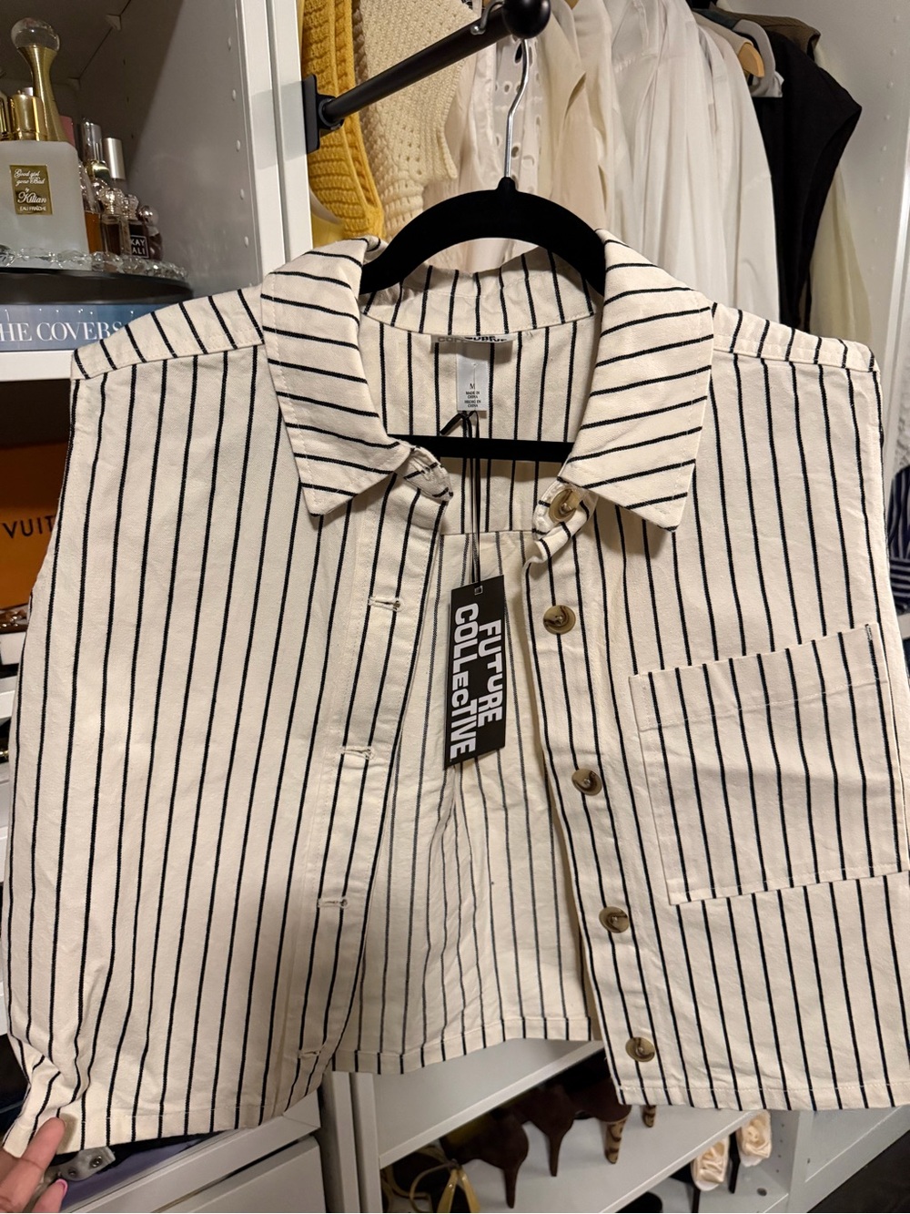 Future Collective Women's Cream & Black Striped Cropped Button-Up Top